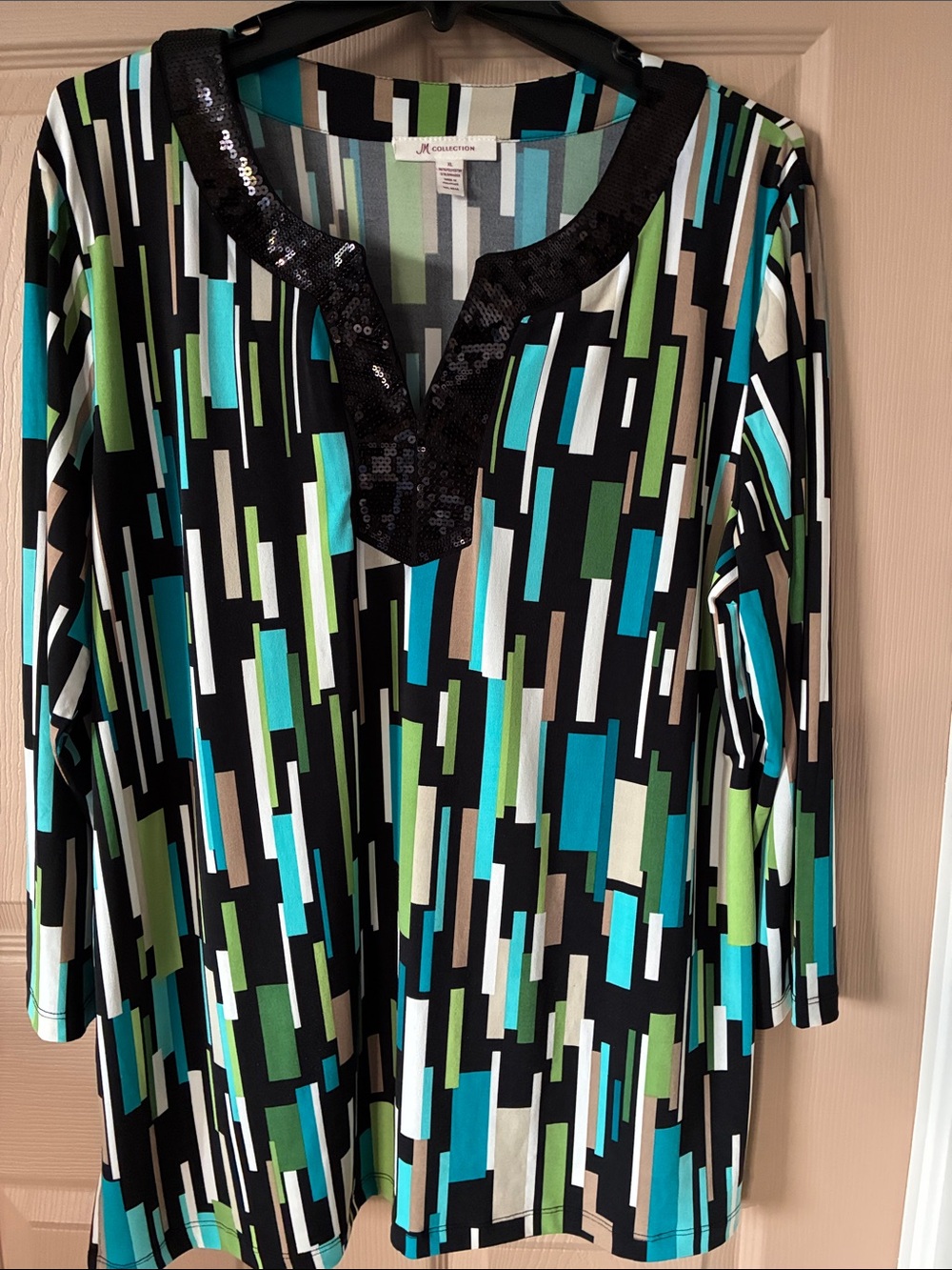 JM Collection Black Geometric Tunic with Teal and Green Accents